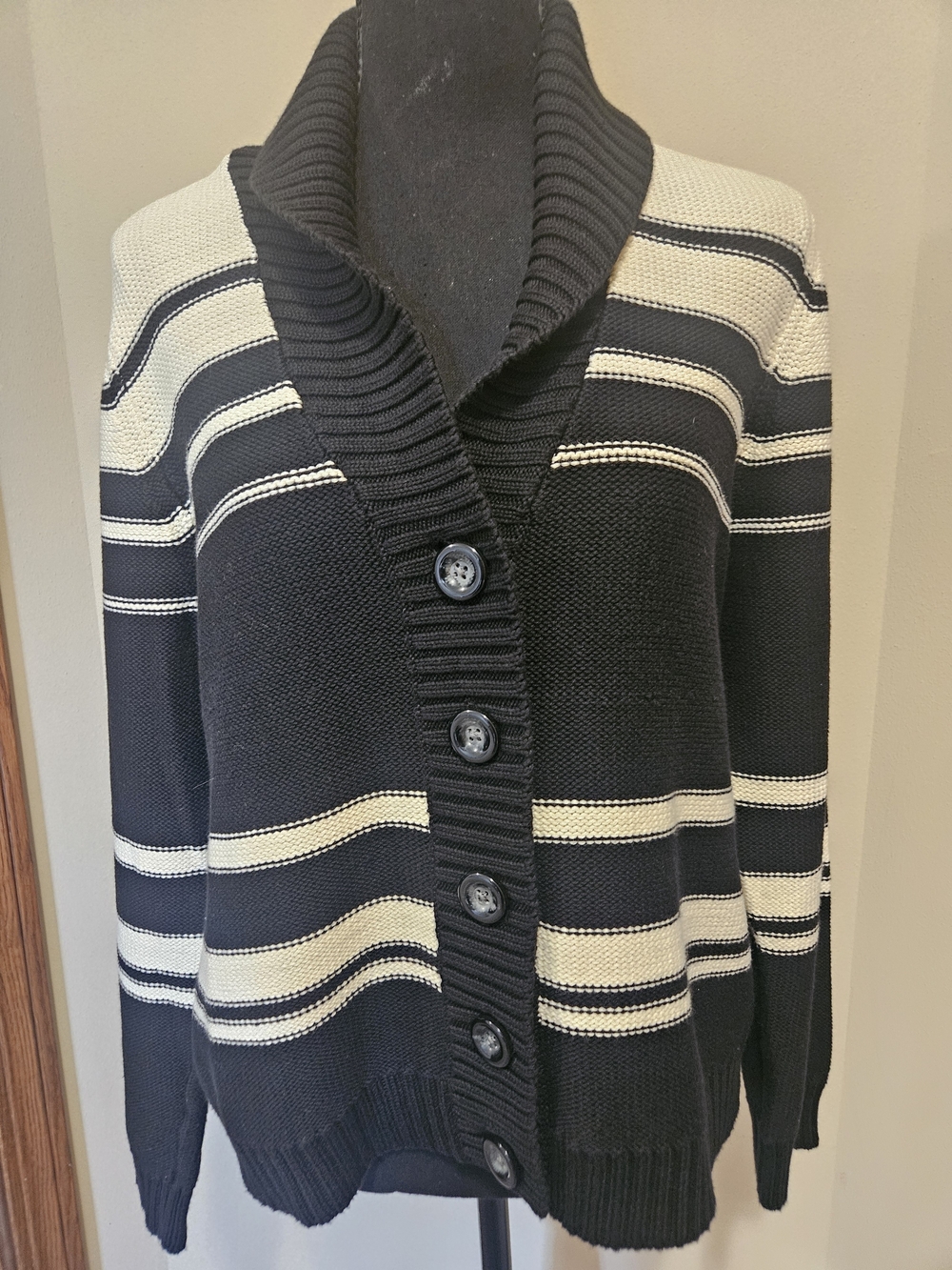Charter Club Black and Cream Striped Shawl Collar Cardigan